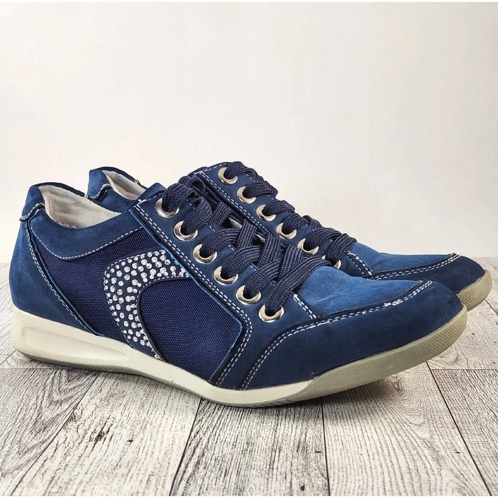 MYSTIKARMA Womens Casual Shoes Size 5-5.5 (36) Blue Leather/Canvas w/Rhinestones